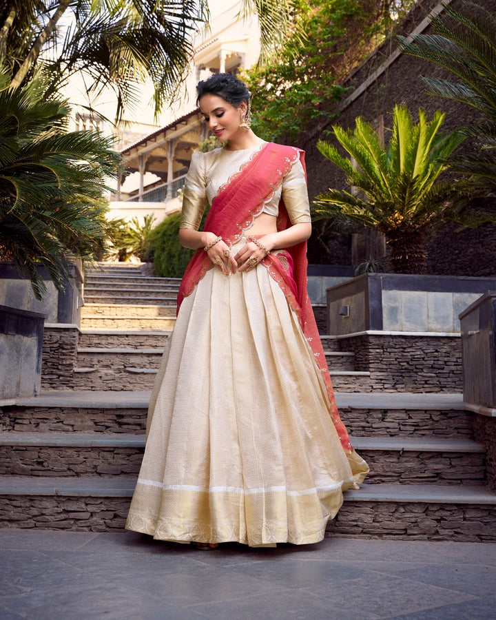 Off-White Jacquard Chex Half Saree for Women | Designer Wedding & Festive Wear