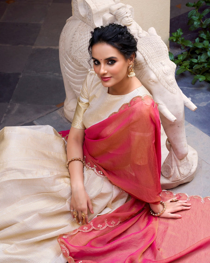 Off-White Jacquard Chex Half Saree for Women | Designer Wedding & Festive Wear