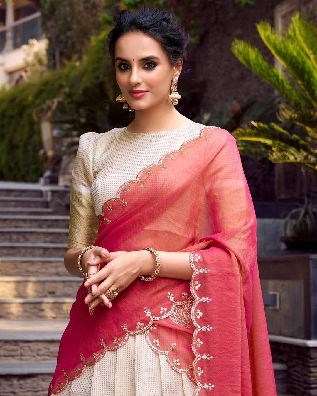 Off-White Jacquard Chex Half Saree for Women | Designer Wedding & Festive Wear