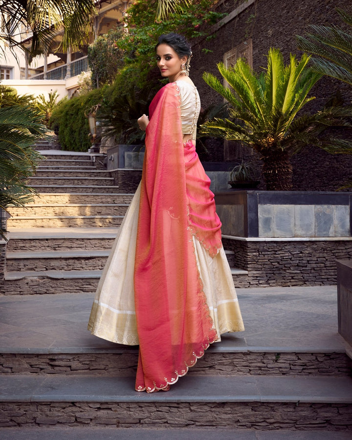 Off-White Jacquard Chex Half Saree for Women | Designer Wedding & Festive Wear