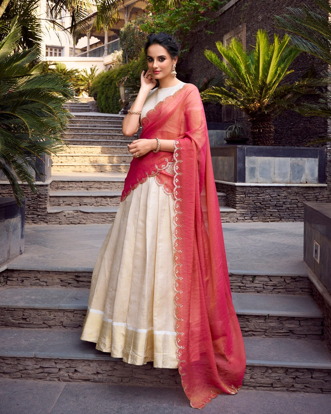 Off-White Jacquard Chex Half Saree for Women | Designer Wedding & Festive Wear