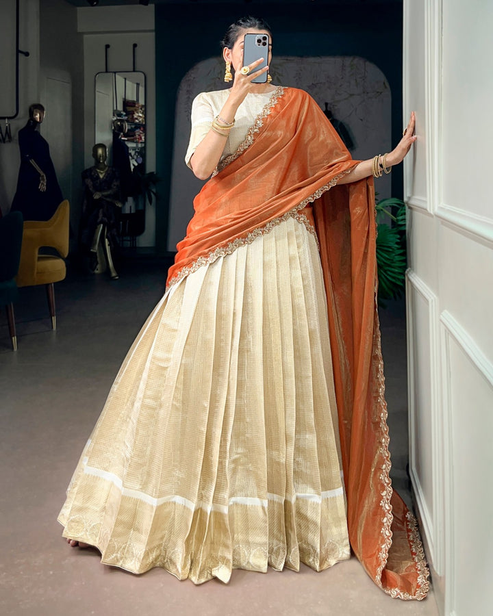 Orange Jacquard Chex Half Saree for Women | Designer Wedding & Festive Wear