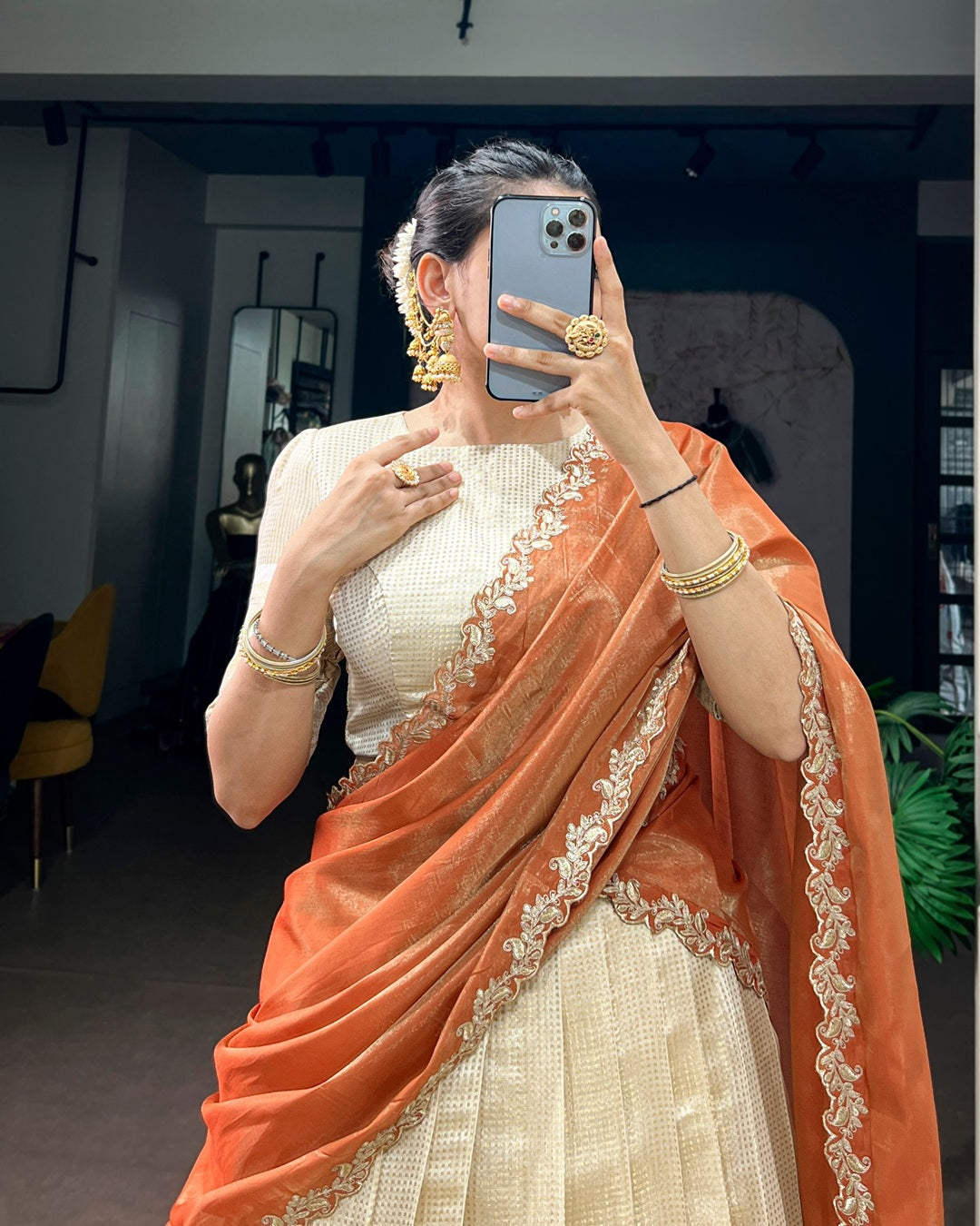 Orange Jacquard Chex Half Saree for Women | Designer Wedding & Festive Wear