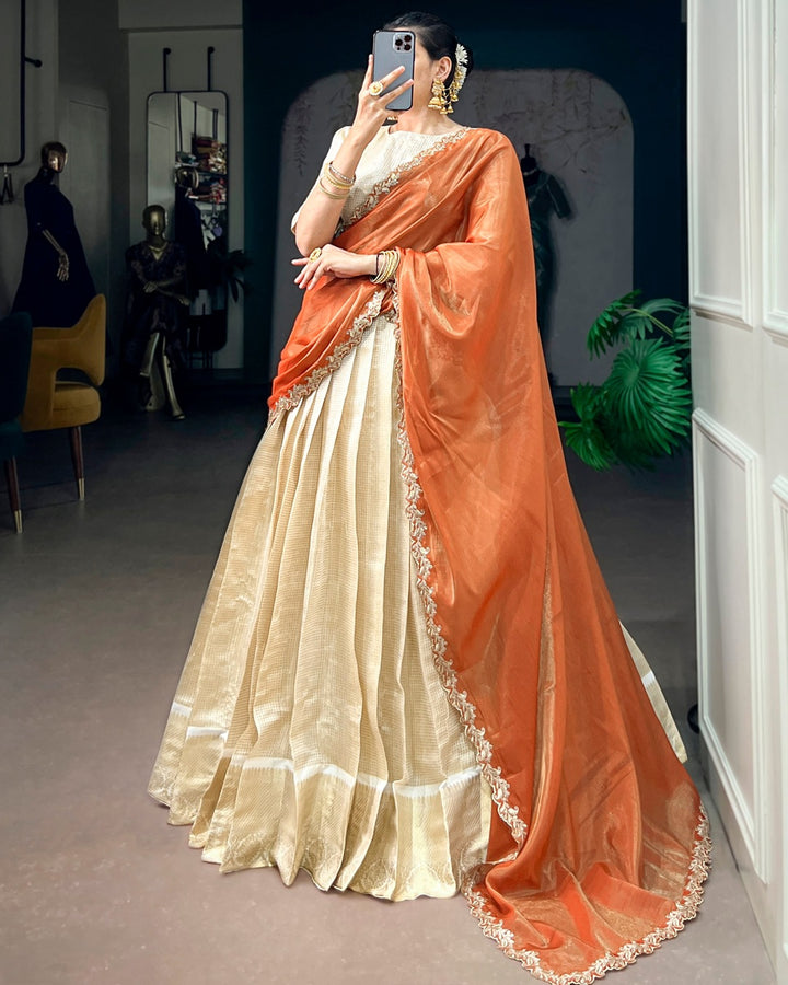 Orange Jacquard Chex Half Saree for Women | Designer Wedding & Festive Wear
