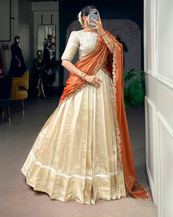 Orange Jacquard Chex Half Saree for Women | Designer Wedding & Festive Wear