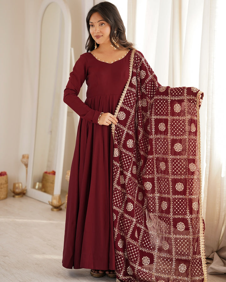 Maroon Roman Silk Chanderi Three Piece Anarkali Suit for Women | Designer Wedding & Festive Wear