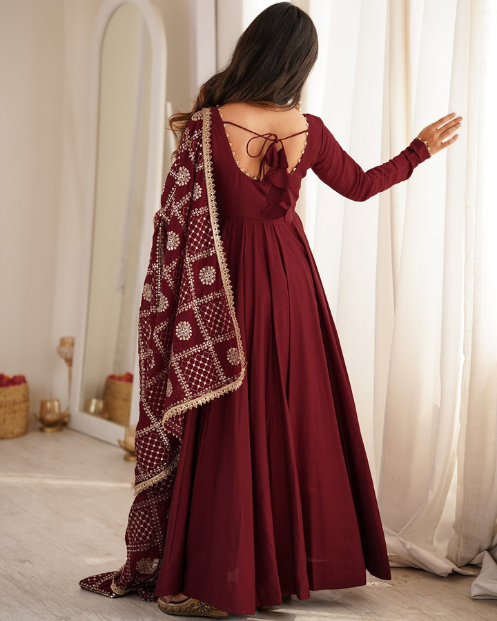 Maroon Roman Silk Chanderi Three Piece Anarkali Suit for Women | Designer Wedding & Festive Wear