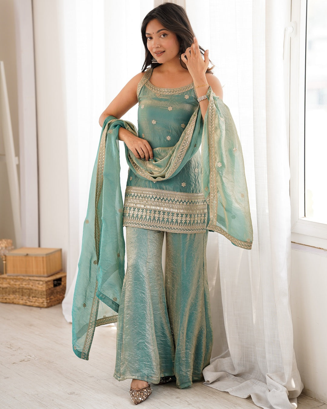 Sea Green Fendi Silk Embroidered Plazzo Suit with Dupatta | Designer Festive Wear for Women