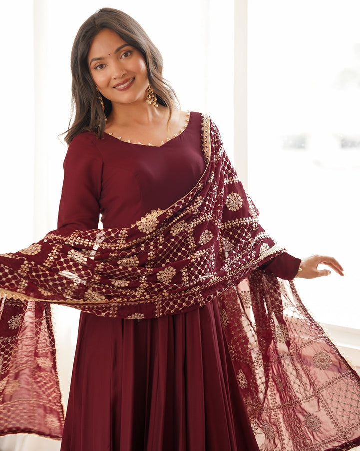 Maroon Roman Silk Chanderi Three Piece Anarkali Suit for Women | Designer Wedding & Festive Wear