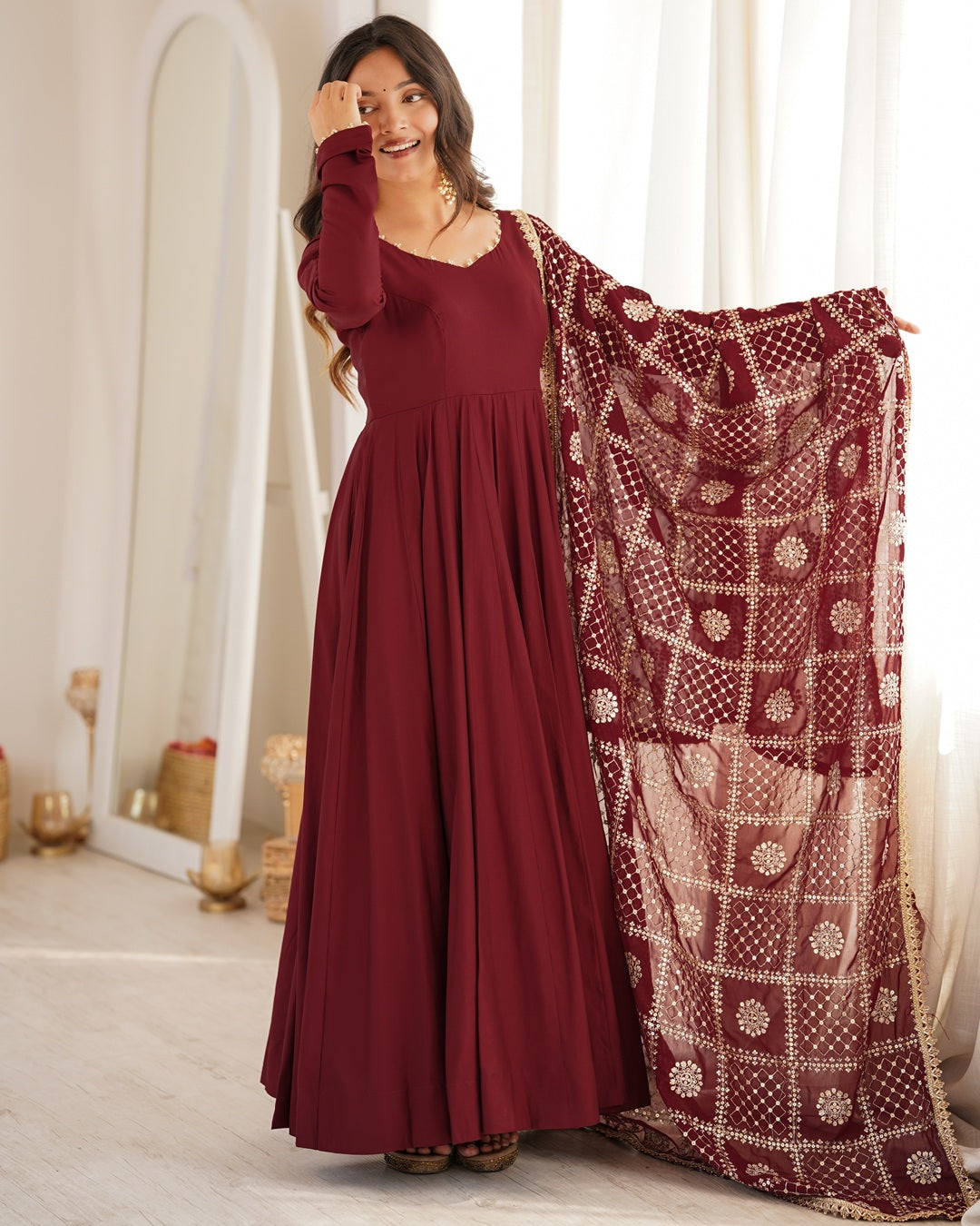 Maroon Roman Silk Chanderi Three Piece Anarkali Suit for Women | Designer Wedding & Festive Wear