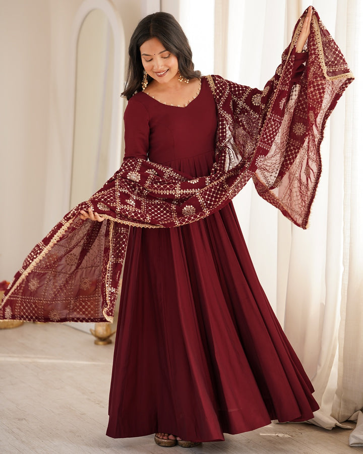 Maroon Roman Silk Chanderi Three Piece Anarkali Suit for Women | Designer Wedding & Festive Wear