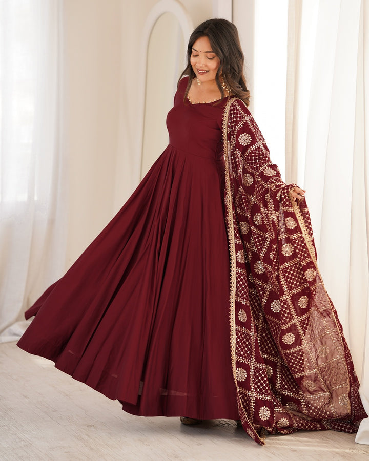 Maroon Roman Silk Chanderi Three Piece Anarkali Suit for Women | Designer Wedding & Festive Wear