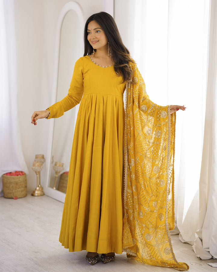 Yellow Roman Silk Chanderi Anarkali Suit for Women