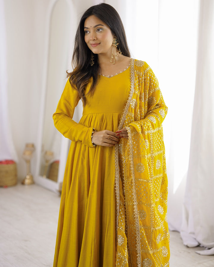 Yellow Roman Silk Chanderi Anarkali Suit for Women
