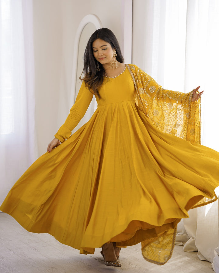 Yellow Roman Silk Chanderi Anarkali Suit for Women