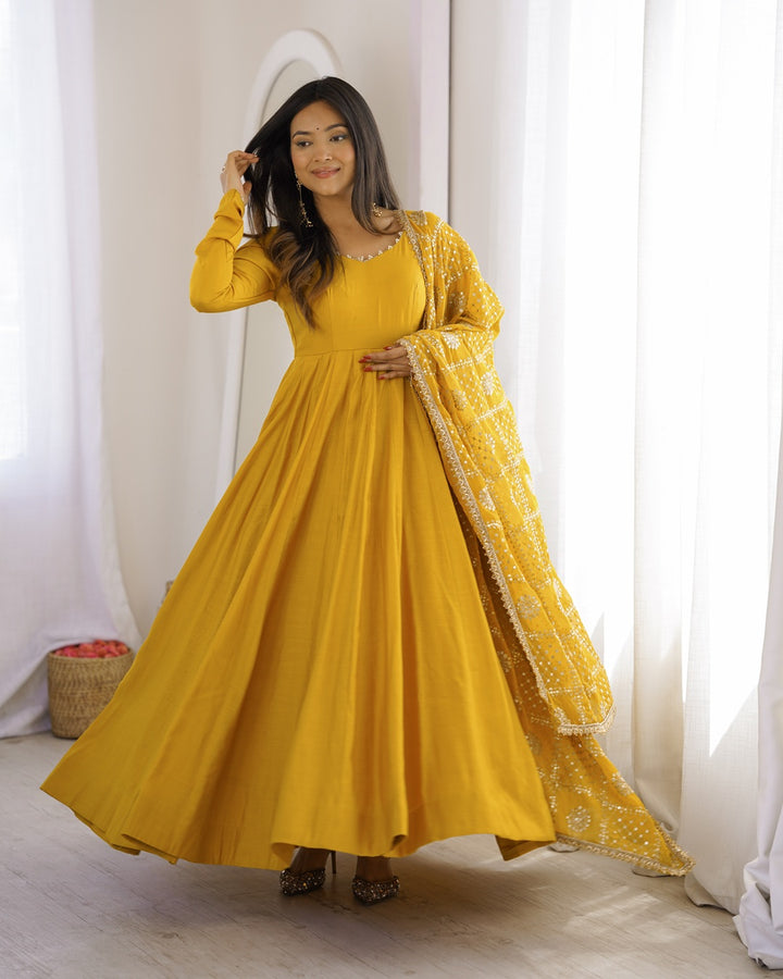 Yellow Roman Silk Chanderi Anarkali Suit for Women
