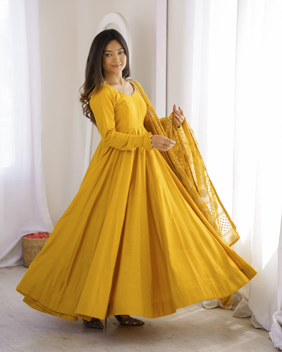 Yellow Roman Silk Chanderi Anarkali Suit for Women