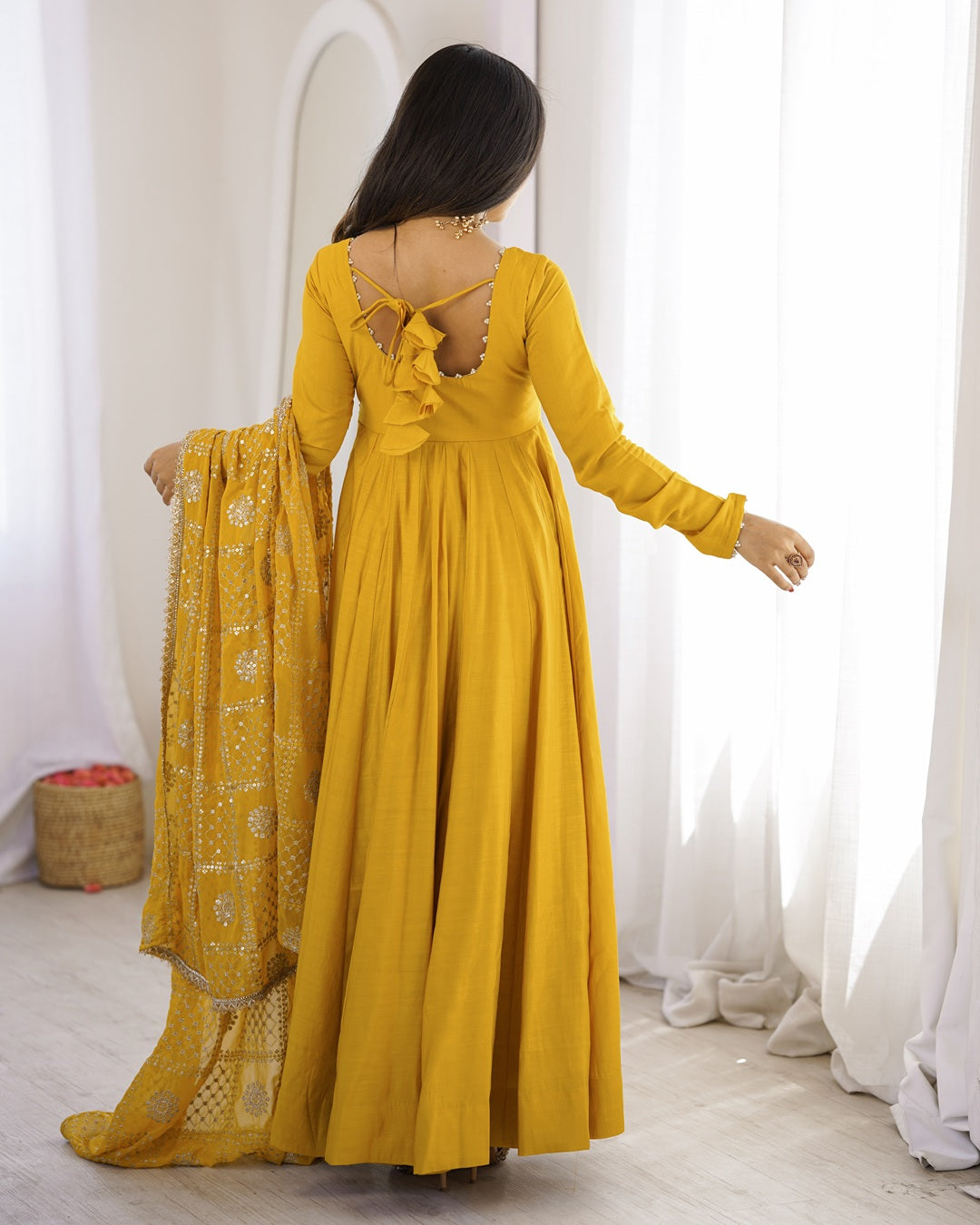 Yellow Roman Silk Chanderi Anarkali Suit for Women