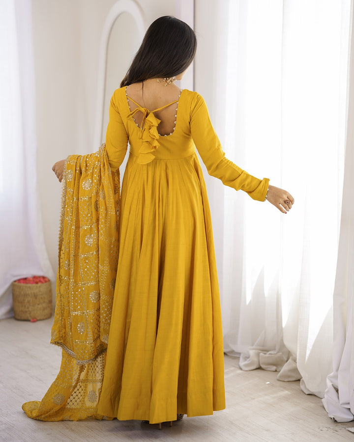Yellow Roman Silk Chanderi Anarkali Suit for Women