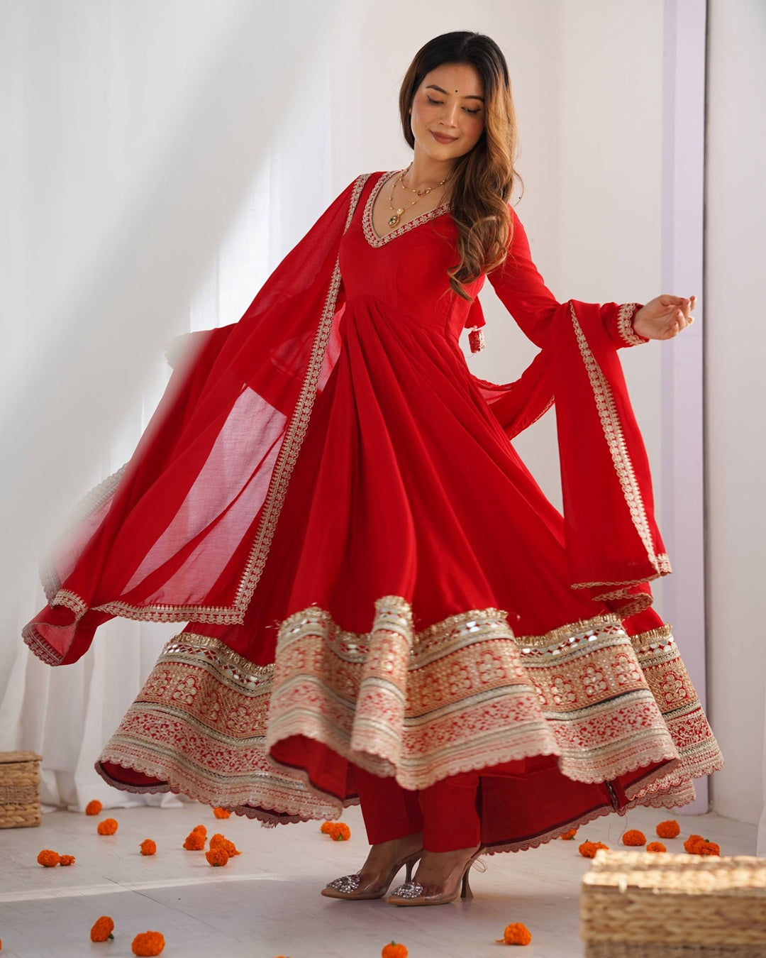 Red Pure Blooming Vichitra Silk Flared Gown with Dupatta