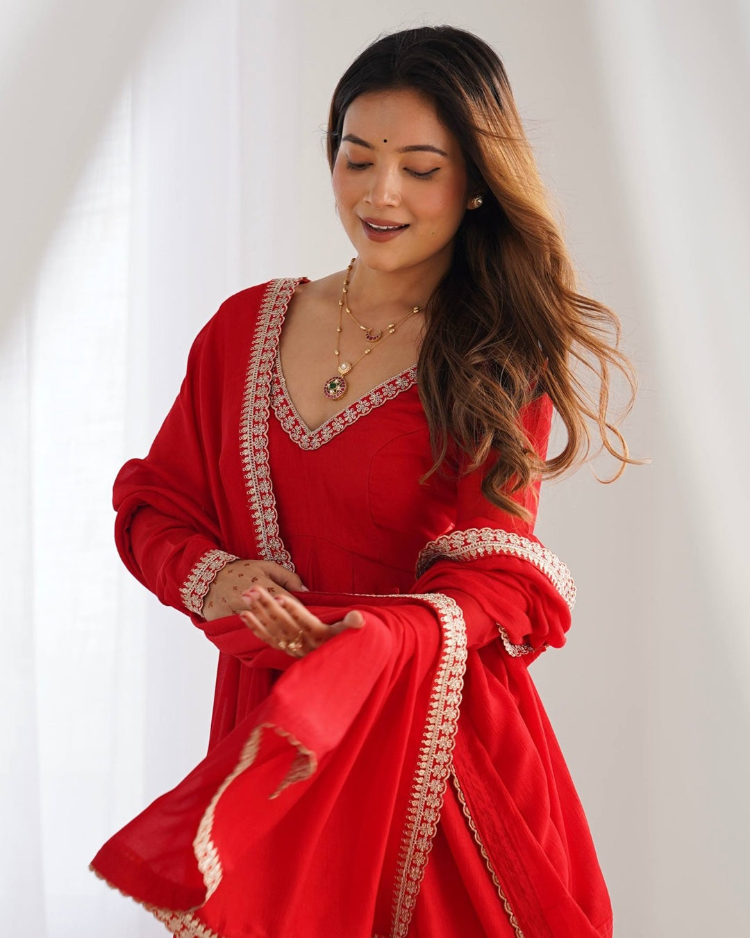 Red Pure Blooming Vichitra Silk Flared Gown with Dupatta