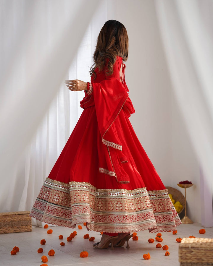 Red Pure Blooming Vichitra Silk Flared Gown with Dupatta