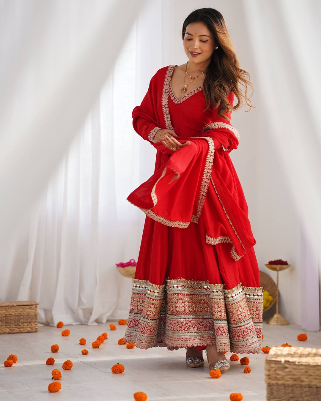 Red Pure Blooming Vichitra Silk Flared Gown with Dupatta