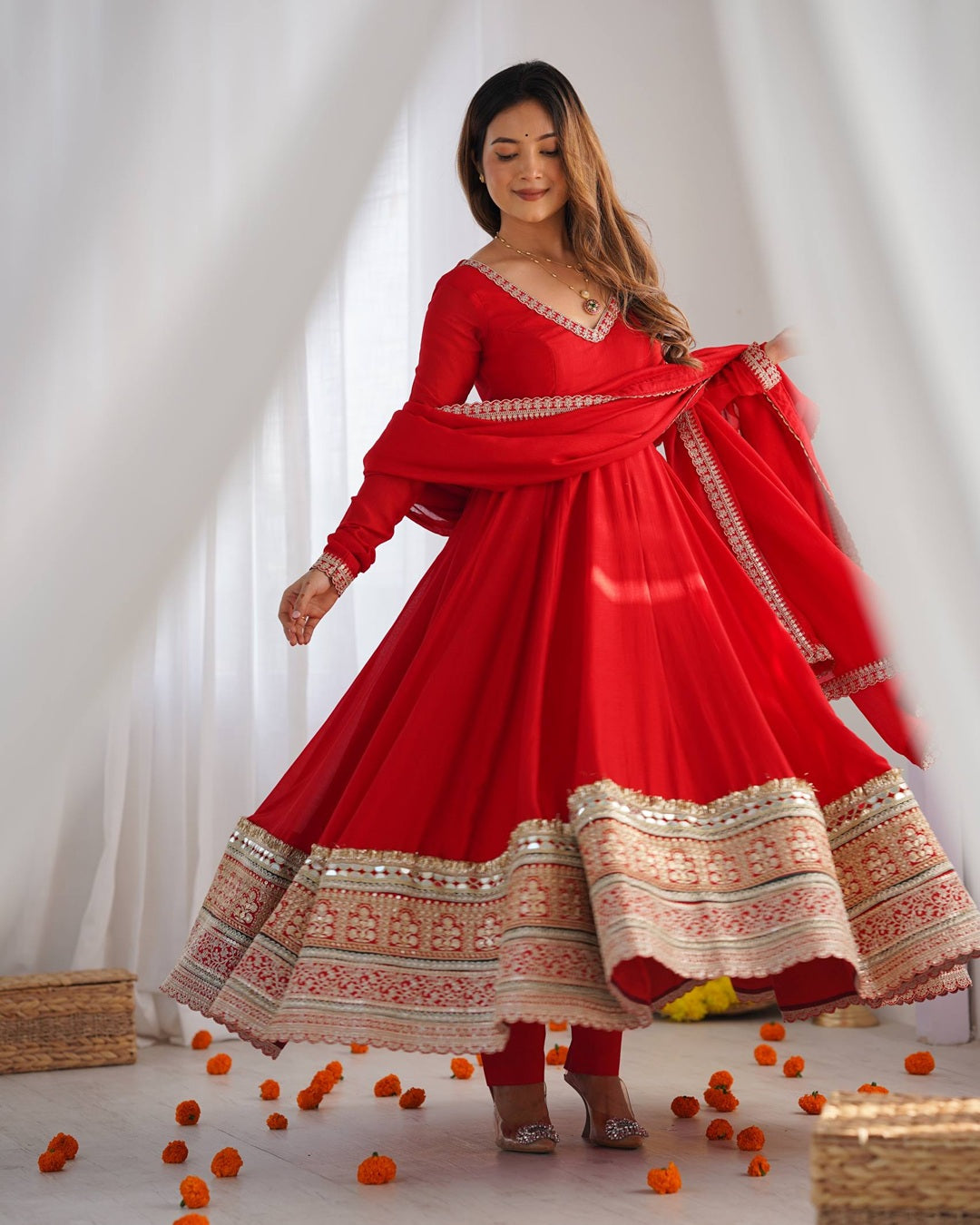 Red Pure Blooming Vichitra Silk Flared Gown with Dupatta