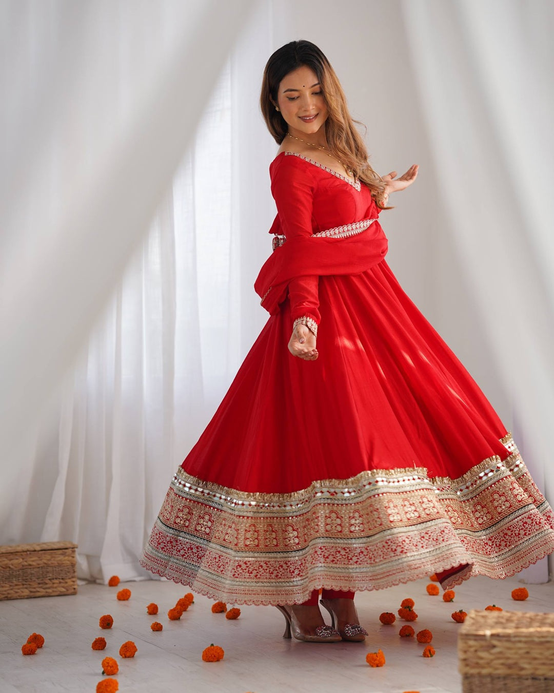 Red Pure Blooming Vichitra Silk Flared Gown with Dupatta