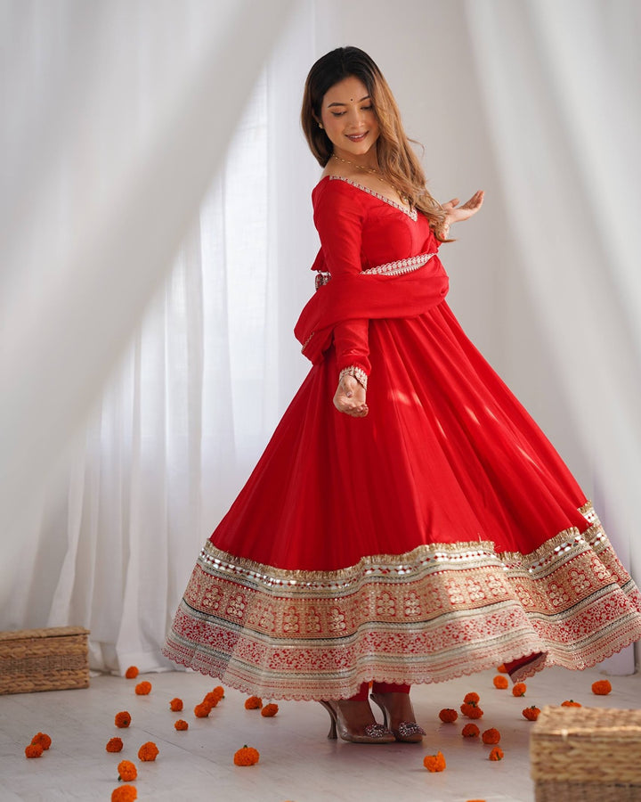 Red Pure Blooming Vichitra Silk Flared Gown with Dupatta