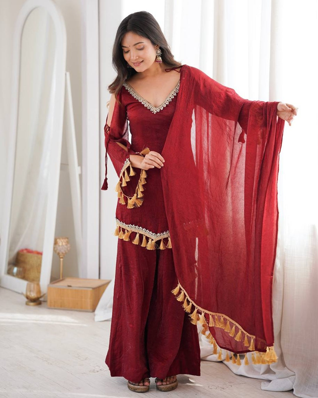 Maroon Doremon Crush Kurti Palazzo Set for Women | Festive & Casual Wear