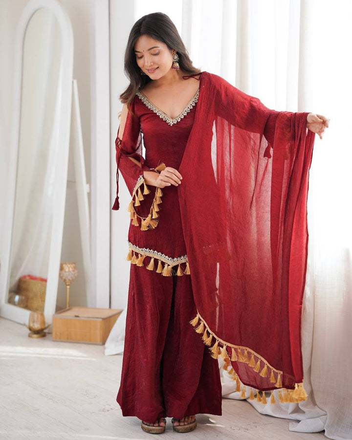 Maroon Doremon Crush Kurti Palazzo Set for Women | Festive & Casual Wear