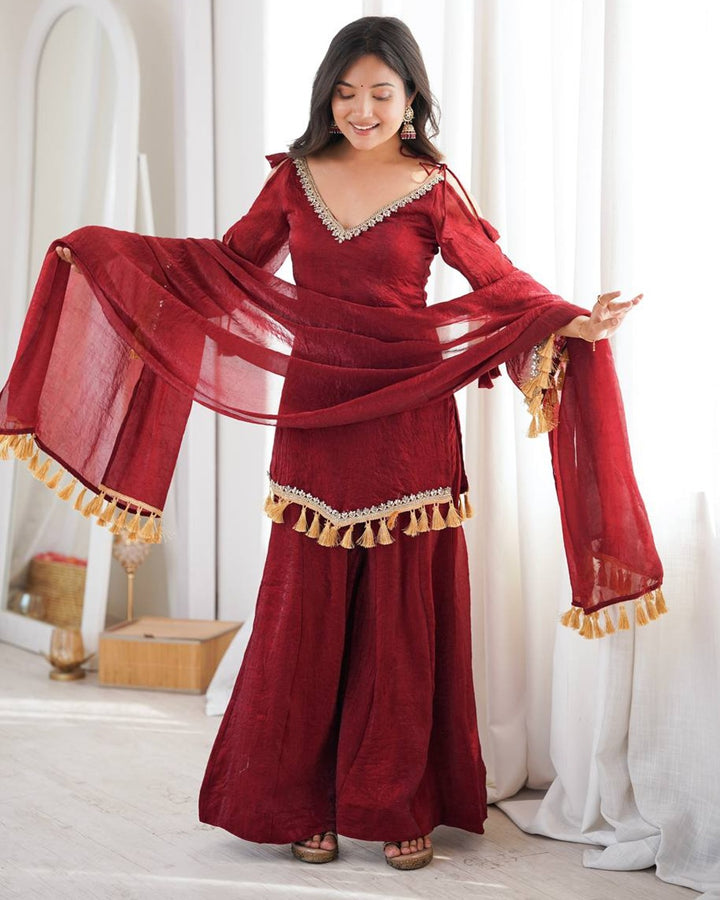 Maroon Doremon Crush Kurti Palazzo Set for Women | Festive & Casual Wear