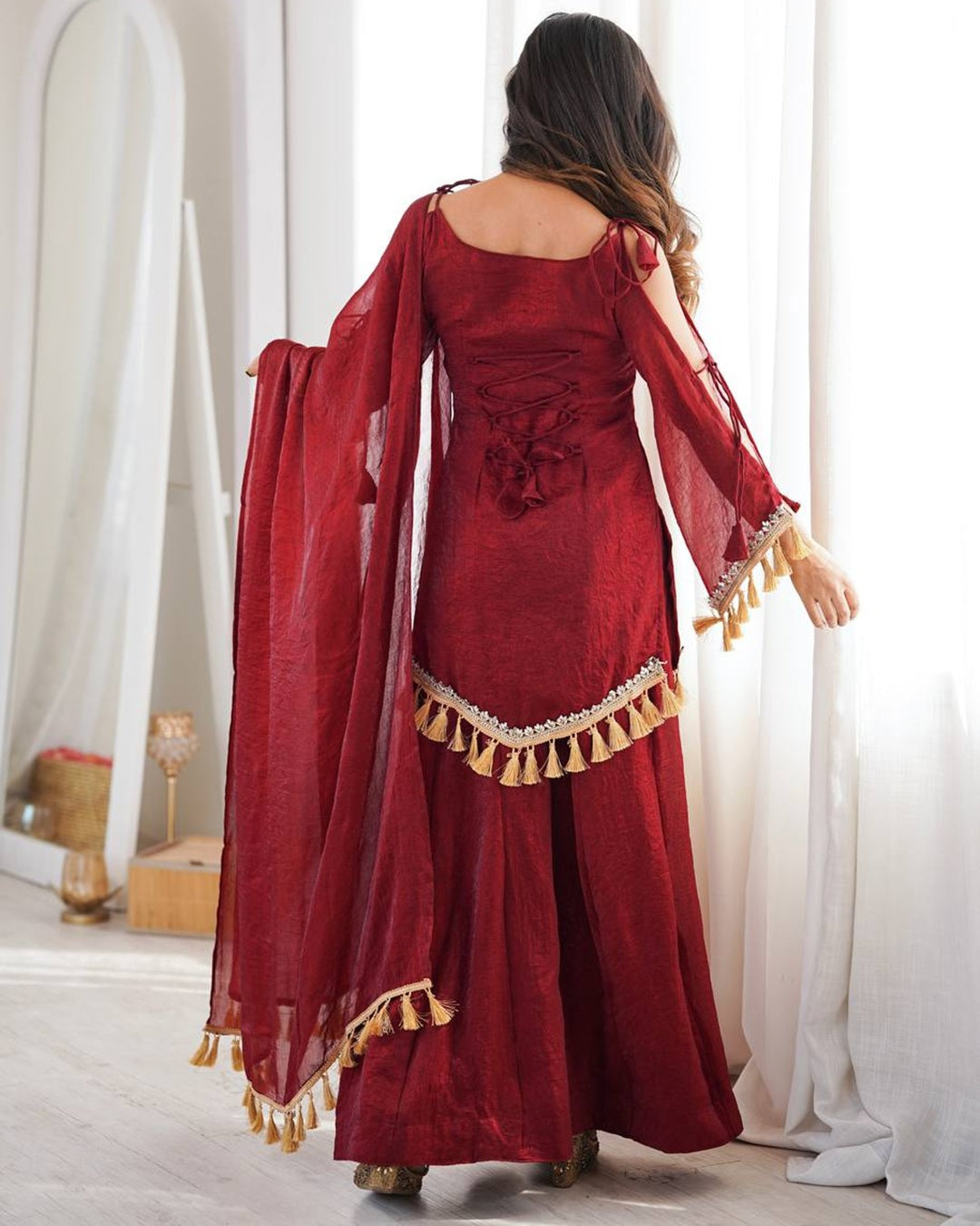 Maroon Doremon Crush Kurti Palazzo Set for Women | Festive & Casual Wear