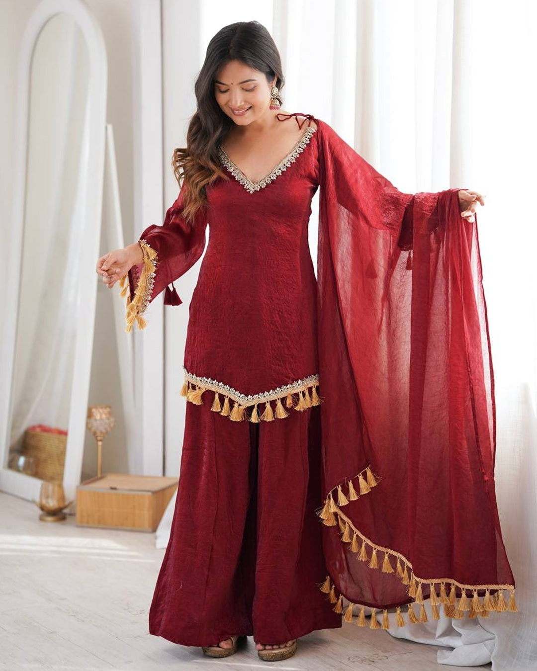 Maroon Doremon Crush Kurti Palazzo Set for Women | Festive & Casual Wear