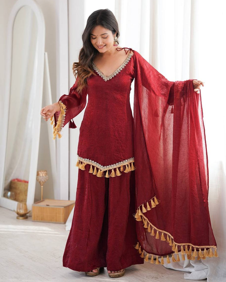 Maroon Doremon Crush Kurti Palazzo Set for Women | Festive & Casual Wear