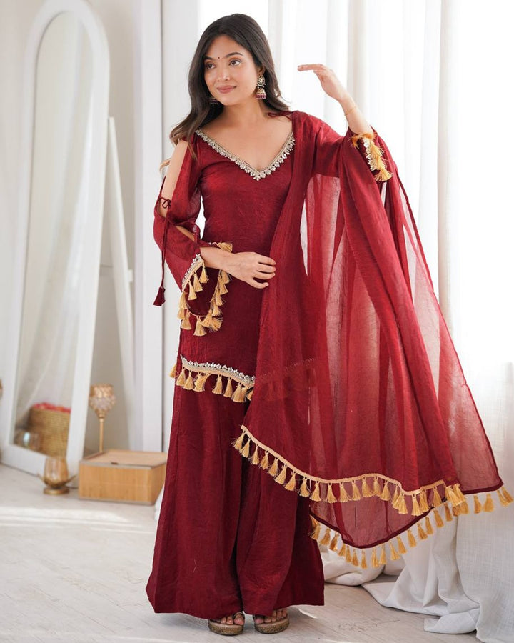 Maroon Doremon Crush Kurti Palazzo Set for Women | Festive & Casual Wear