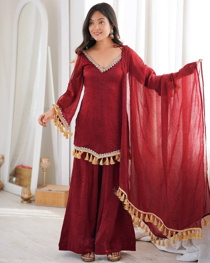 Maroon Doremon Crush Kurti Palazzo Set for Women | Festive & Casual Wear