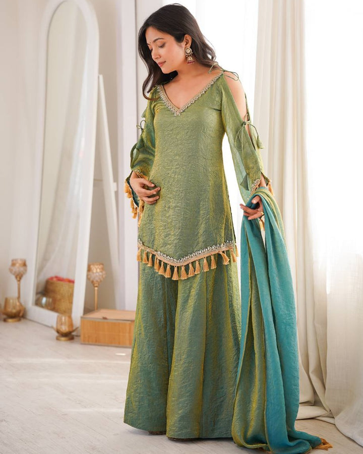 Olive Green Doremon Crush Kurti Palazzo Set for Women | Festive & Casual Wear
