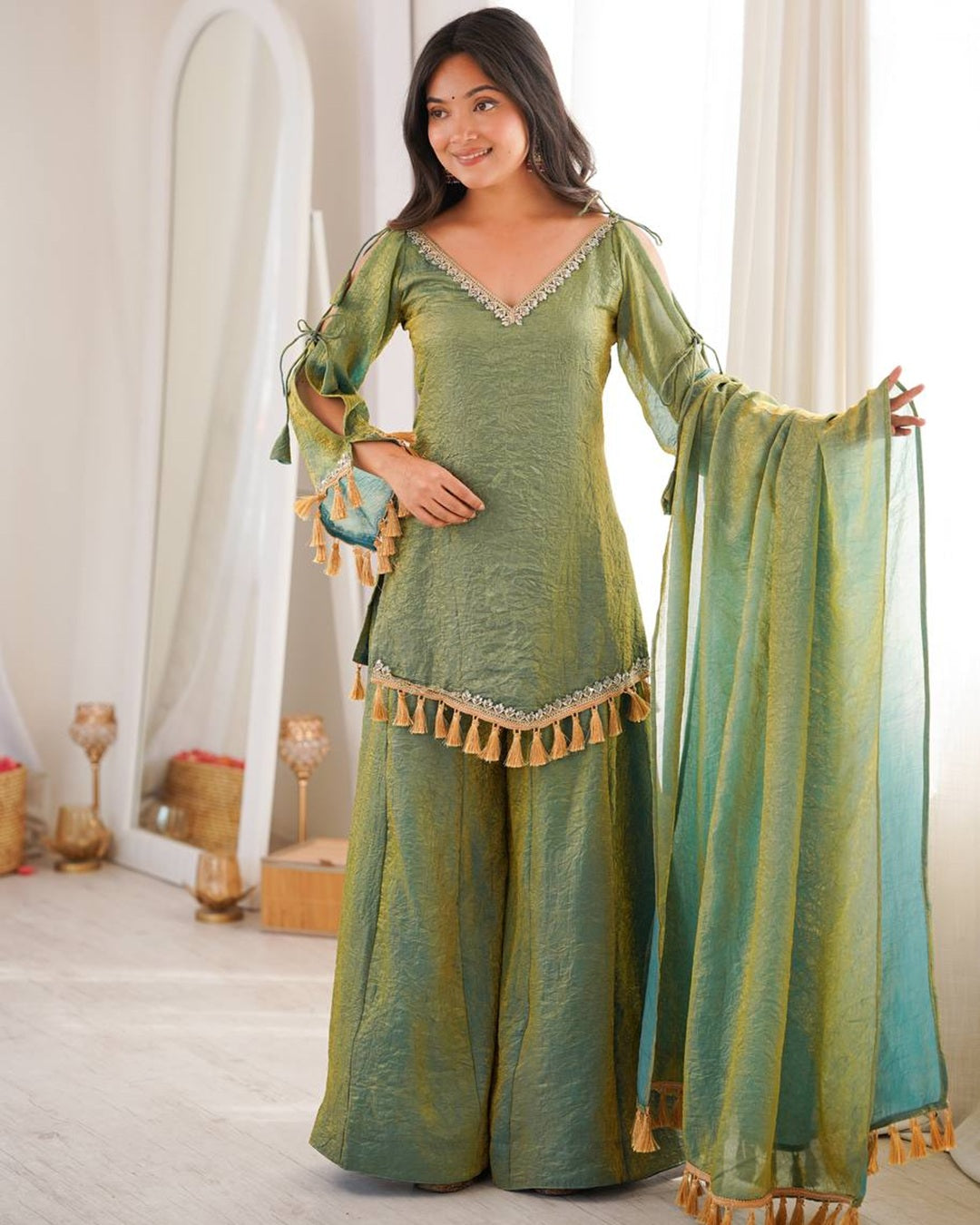 Olive Green Doremon Crush Kurti Palazzo Set for Women | Festive & Casual Wear