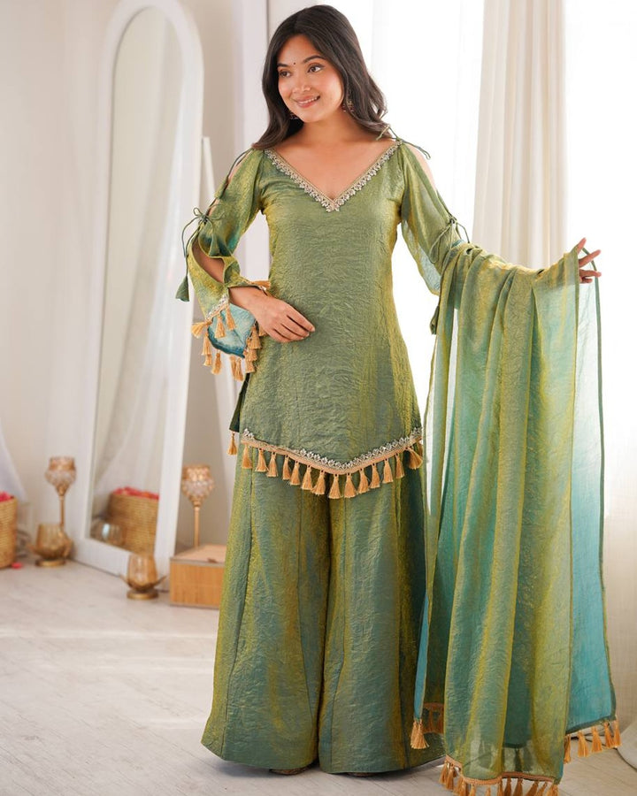 Olive Green Doremon Crush Kurti Palazzo Set for Women | Festive & Casual Wear