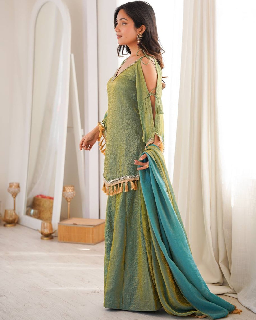 Olive Green Doremon Crush Kurti Palazzo Set for Women | Festive & Casual Wear