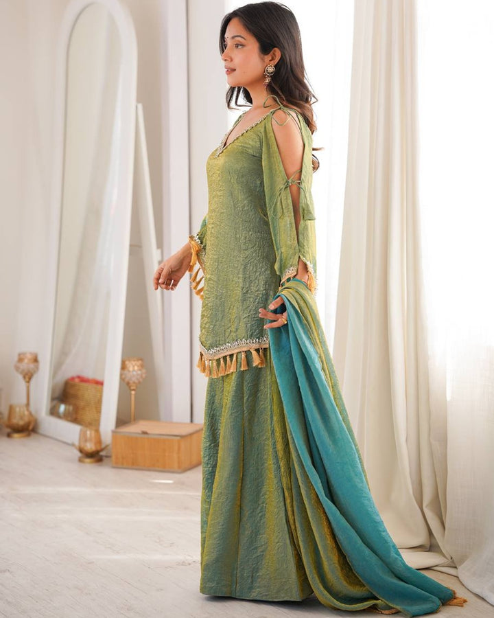 Olive Green Doremon Crush Kurti Palazzo Set for Women | Festive & Casual Wear