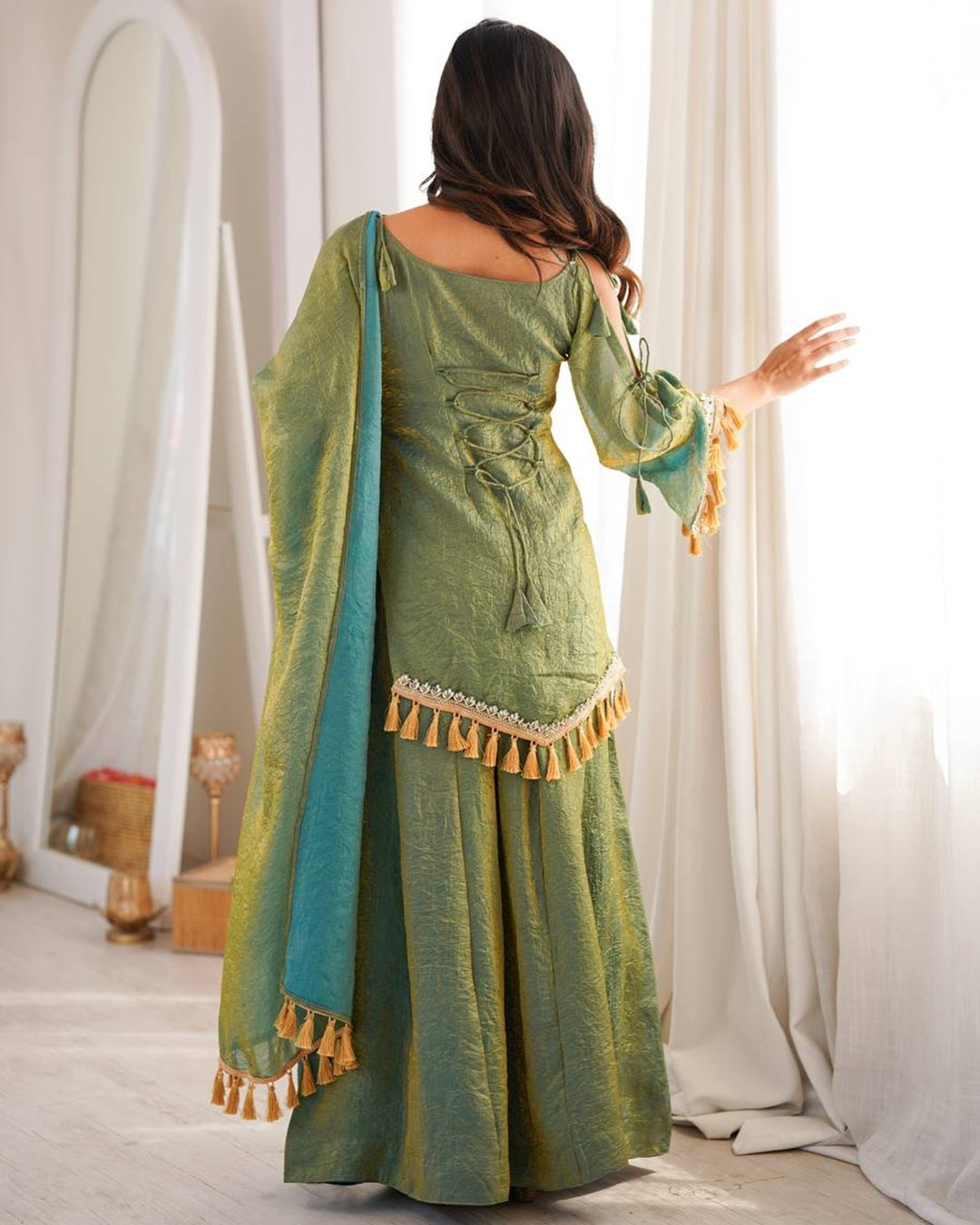 Olive Green Doremon Crush Kurti Palazzo Set for Women | Festive & Casual Wear