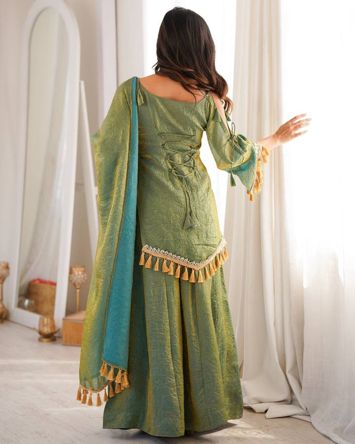 Olive Green Doremon Crush Kurti Palazzo Set for Women | Festive & Casual Wear