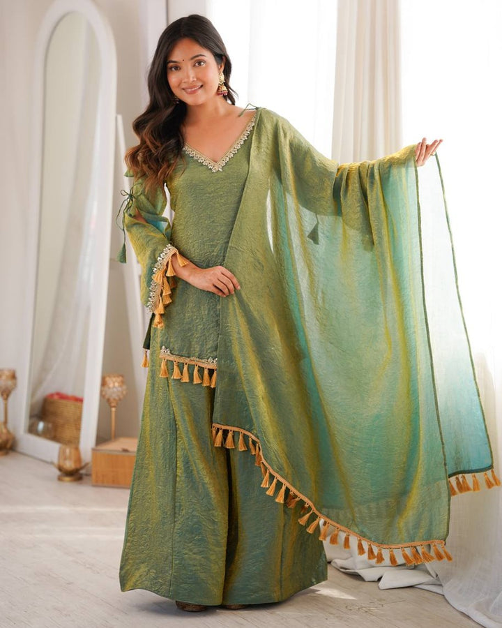 Olive Green Doremon Crush Kurti Palazzo Set for Women | Festive & Casual Wear