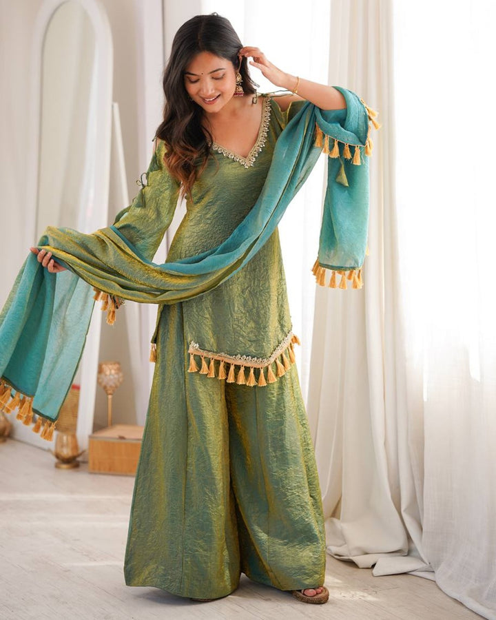 Olive Green Doremon Crush Kurti Palazzo Set for Women | Festive & Casual Wear