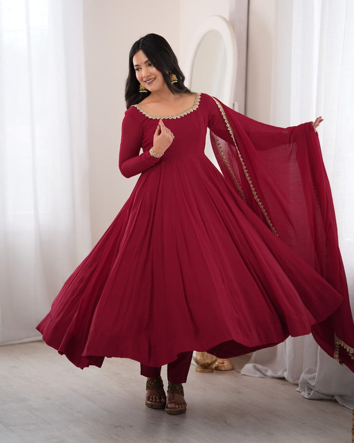 Maroon Pure Mal Chanderi Flared Anarkali Suit with Dupatta & Pant for Women