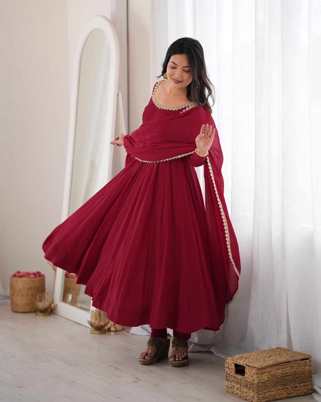 Maroon Pure Mal Chanderi Flared Anarkali Suit with Dupatta & Pant for Women