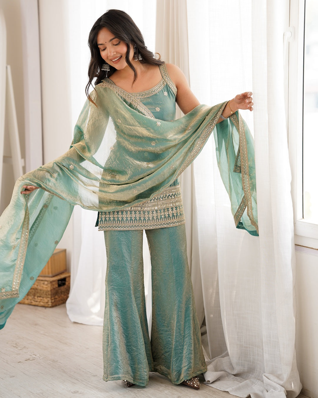 Sea Green Fendi Silk Embroidered Plazzo Suit with Dupatta | Designer Festive Wear for Women